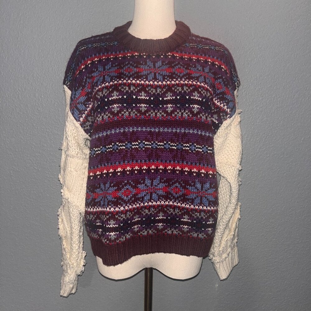 ZARA CONTRASTING CREAM CABLE KNIT JACQUARD & FAIR ISLE PATTERN SWEATER - EUC - M